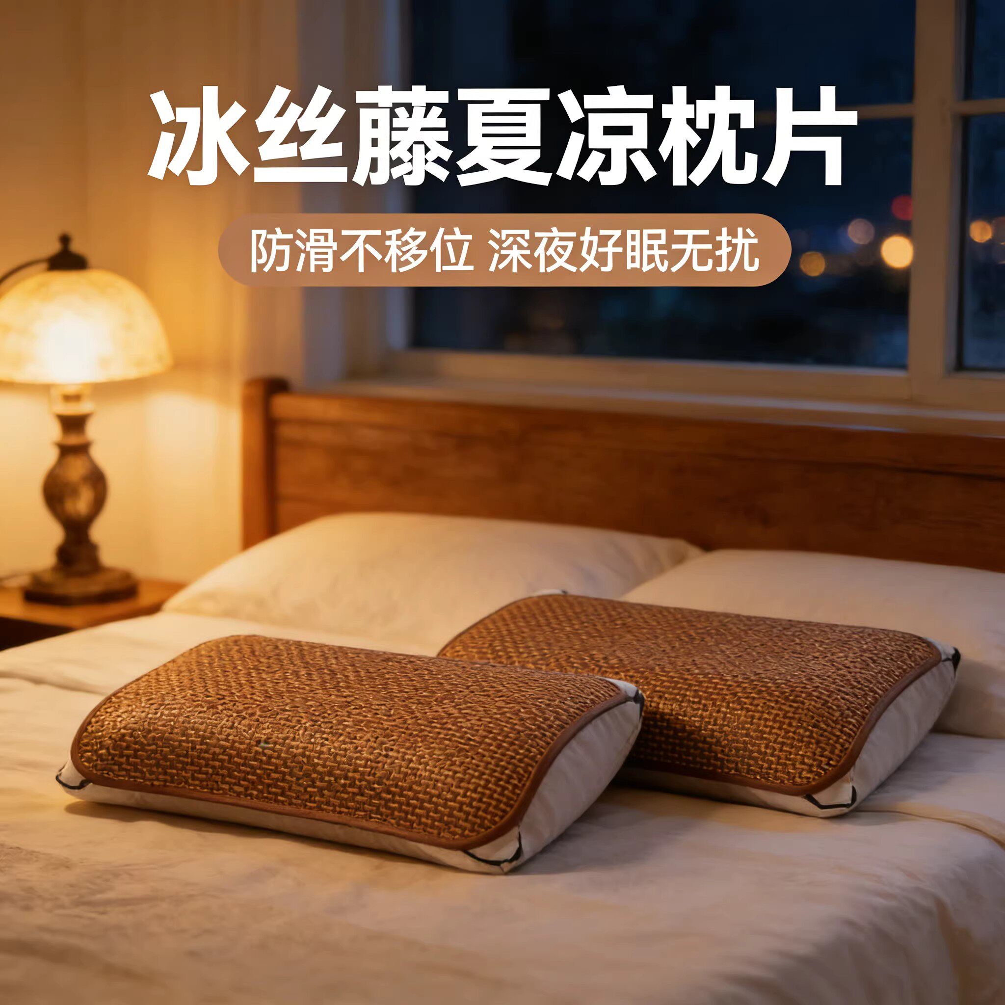 夏季藤席枕片冰凉透气冰丝枕席藤编制凉枕片儿童折叠绑带式枕头席