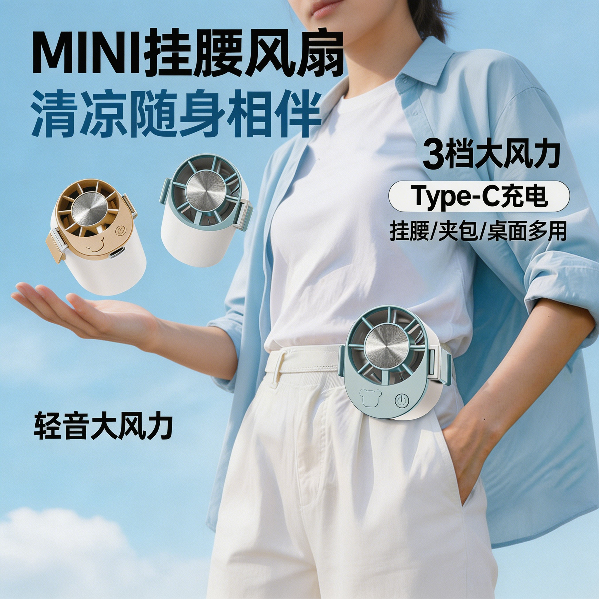父亲节礼物新款夹伞挂腰风扇随身便携式送爸爸工地钓鱼户外制冷USB充电小风扇迷你高速礼品