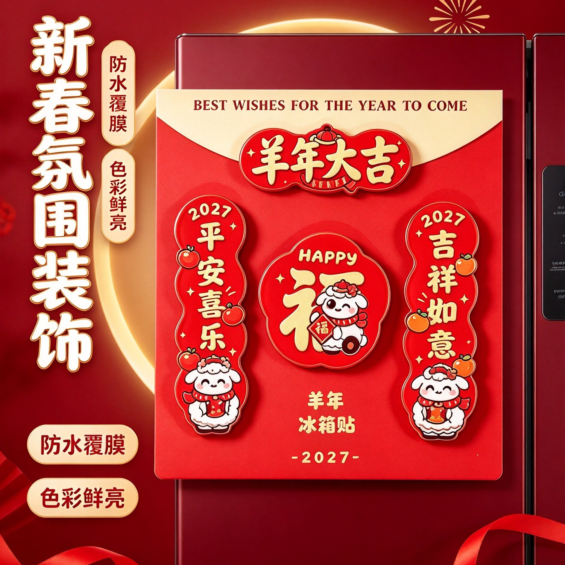 2027羊年大吉冰箱贴套装新年卡通小羊磁吸贴吉祥如意新春装饰磁贴
