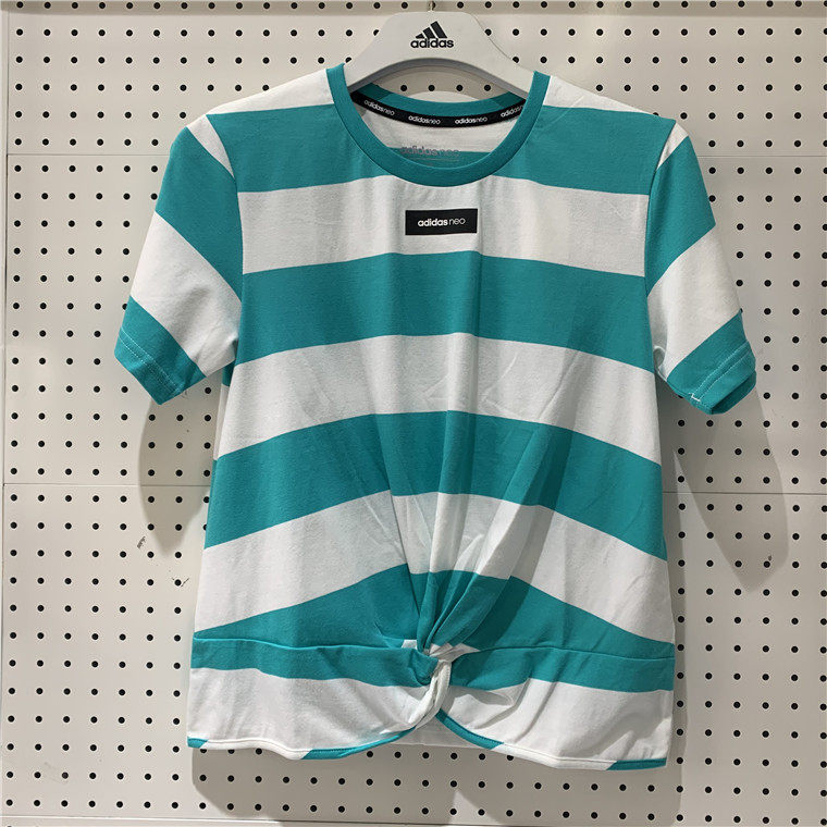 Adidas/阿迪达斯NEO女装新款运动短袖透气条纹T恤DW7767
