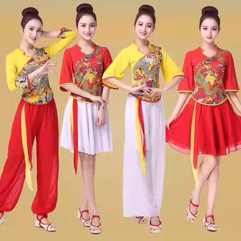 广场舞蹈服装民族风新款女装团体队服打鼓秧歌服腰鼓表演出服套装