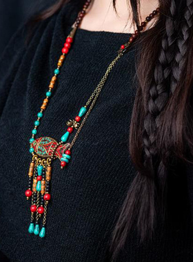 松石尼泊尔鱼吊坠复古时尚毛衣链