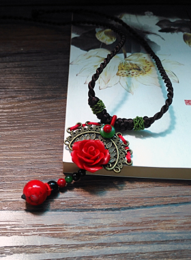 原创大红色花朵短款可调节锁骨链