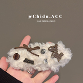 韩系甜妹 蝴蝶结小马羊羔毛BB发夹秋冬新款 刘海侧边边夹碎发发饰