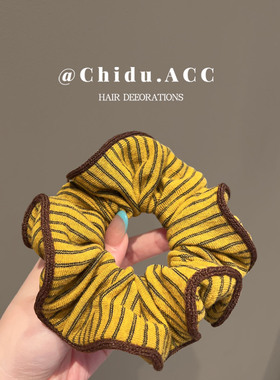 复古韩系黄色条纹毛线大肠发圈女慵懒风气质头饰扎头发秋冬发绳