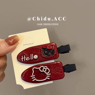 秋冬新款安可拉红蝴蝶结发夹头饰KT猫精致刘海夹BB夹碎发无痕夹