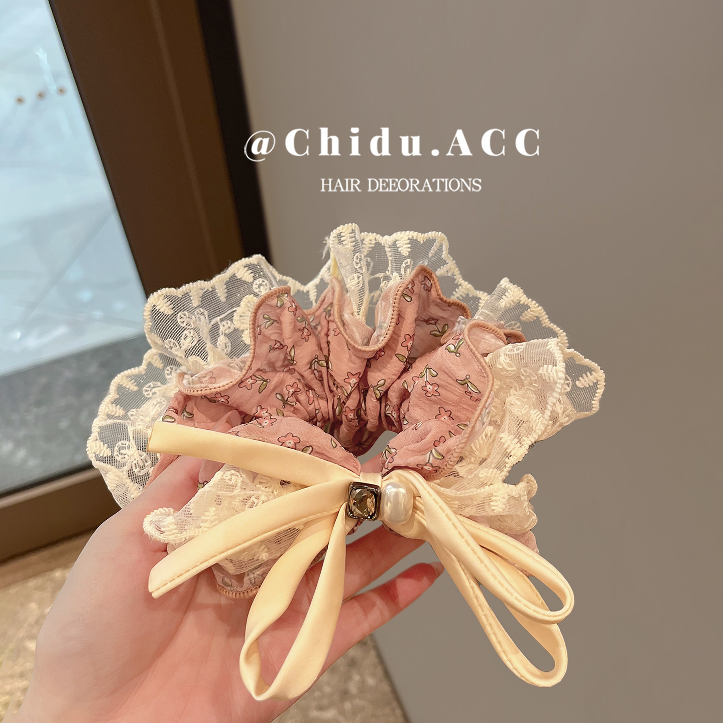 韩系温柔粉色碎花蕾丝蝴蝶结发圈镶钻珍珠头绳甜美百搭扎发神器
