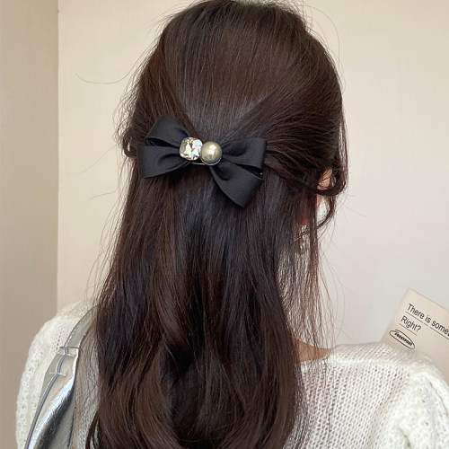 黑色蝴蝶结弹簧夹发卡优雅气质半扎发夹女后脑勺一字夹子顶夹头饰