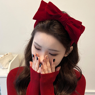 红色丝绒蝴蝶结发箍女韩系气质秋冬新款高颅顶宽边压发头箍发卡