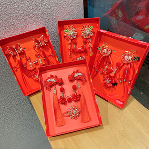 儿童新年发饰流苏发卡女头花中国风边夹过年红色发夹礼盒套装配饰