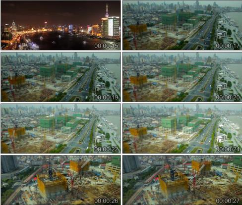 实拍视频素材发展中上海高楼大厦在建工程海港船街道车流沙滩海浪