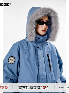 ICH MODE 美式复古派克服蓝色棉服女冬季工装外套棉衣棉袄新款