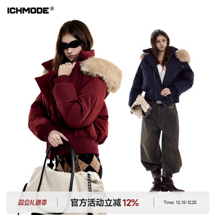 红色棉服女冬季 ICH 毛领短款 美式 加厚保暖棉衣外套防寒棉袄 MODE