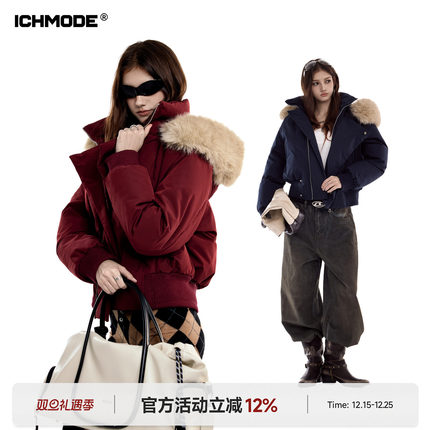 ICH MODE 美式毛领短款红色棉服女冬季加厚保暖棉衣外套防寒棉袄