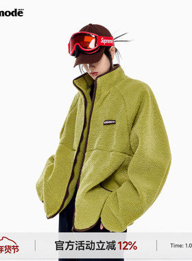 ICHMODE 美式复古撞色立领摇粒绒棉服女冬季加厚保暖棉袄棉衣外套