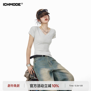 V领正肩短袖 T恤女夏季 新款 ICH 辣妹半袖 修身 显瘦短款 上衣 MODE美式