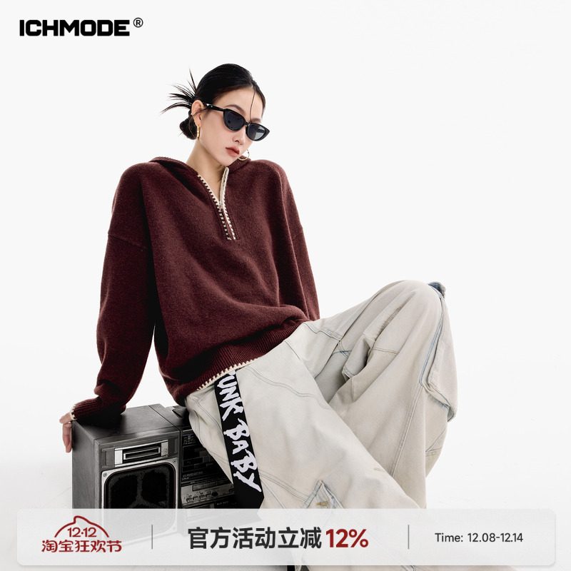 美式半拉链连帽毛衣女针织衫