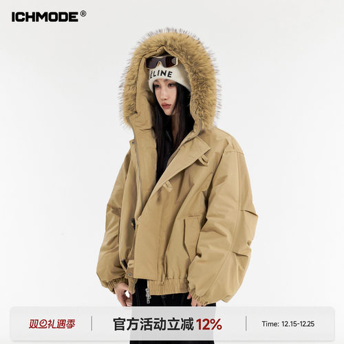 ICHMODE 美式复古牛角扣短款毛领棉服女新款冬季加厚棉袄连帽外套