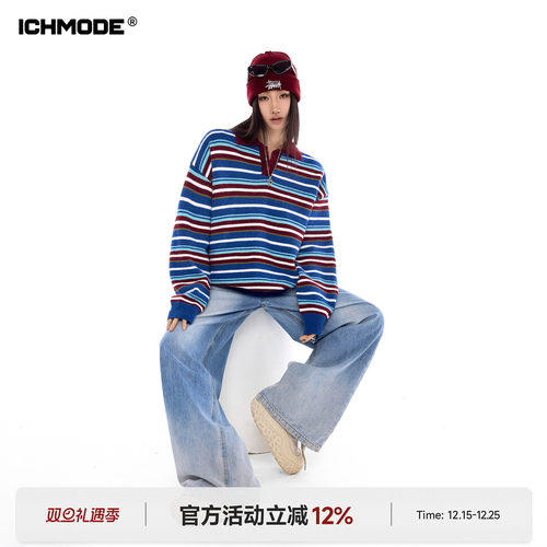 美式拼接条纹翻领针织毛衣女