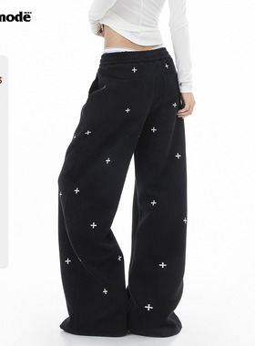 ICH MODE 美式十字满印加绒休闲裤女直筒裤阔腿裤加厚运动裤卫裤