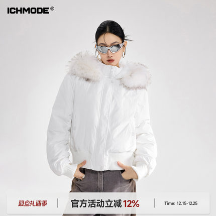 ICH MODE 美式毛领修身短款棉服女冬季新款加厚保暖棉袄连帽外套