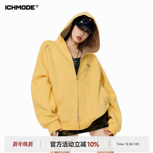 MODE 新款 美式 外套女2026春季 宽松连帽卫衣上衣 格子拼接开衫 ICH