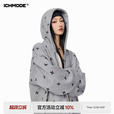 ICHMODE 明星同款哥特风十字满印加绒卫衣外套女冬季宽松开衫上衣