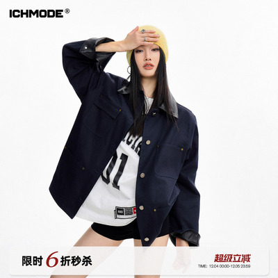 ICH MODE 美式复古巴恩风短款风衣外套女秋冬季宽松开衫夹克上衣