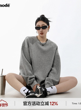 ICH MODE 美式圆领加绒灰色卫衣女春季新款宽松慵懒套头外套上衣
