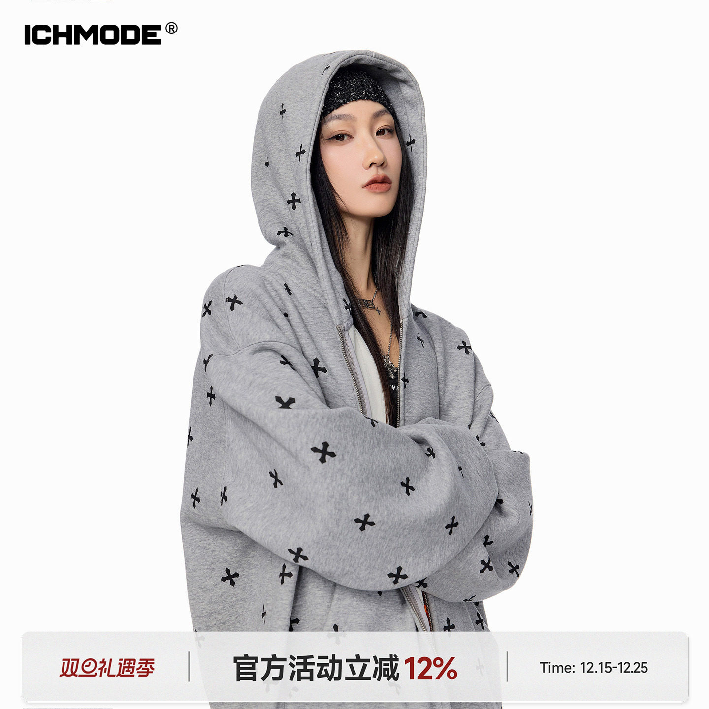 ICHMODE 明星同款哥特风十字满印加绒卫衣外套女冬季宽松开衫上衣