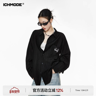 ICH MODE 美式黑色衬衫女夏季新款宽松物理防晒衬衣外套苎麻上衣