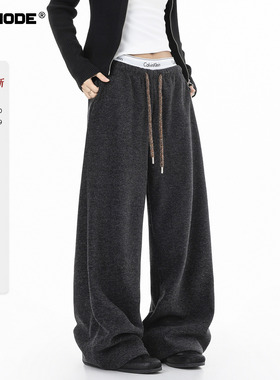 ICHMODE 美式加绒裤子女冬季直筒阔腿休闲裤运动裤加厚卫裤糯米裤