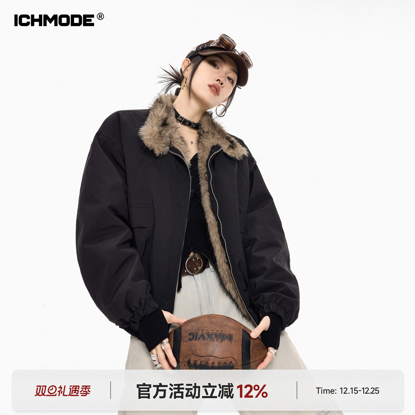 ICHMODE 美式复古座山雕毛领棉服女冬季新款加厚立领夹棉棉衣外套