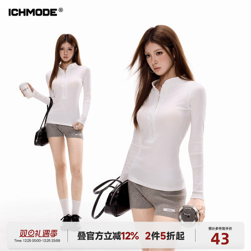 美式亨利领长袖T恤女春秋季