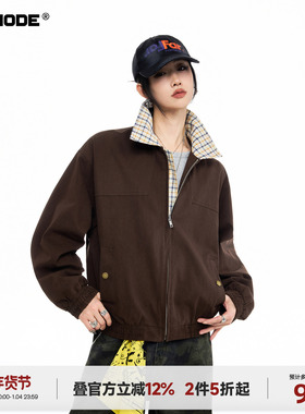 ICH MODE【1/4 官方叠加2件5折起】美式格纹拼接翻领夹克女春外套