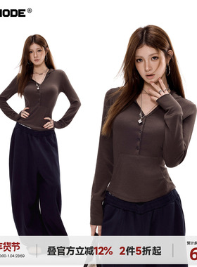 ICH MODE【1/4 官方叠加2件5折起】美式修身收腰长袖T恤女春上衣