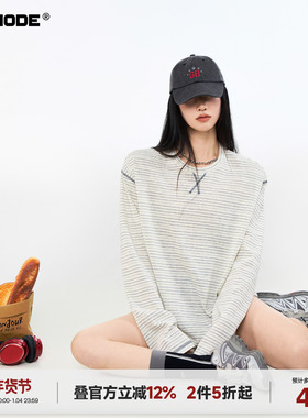 ICH MODE【1/4 官方叠加2件5折起】美式哈苏线条纹长袖T恤女春季