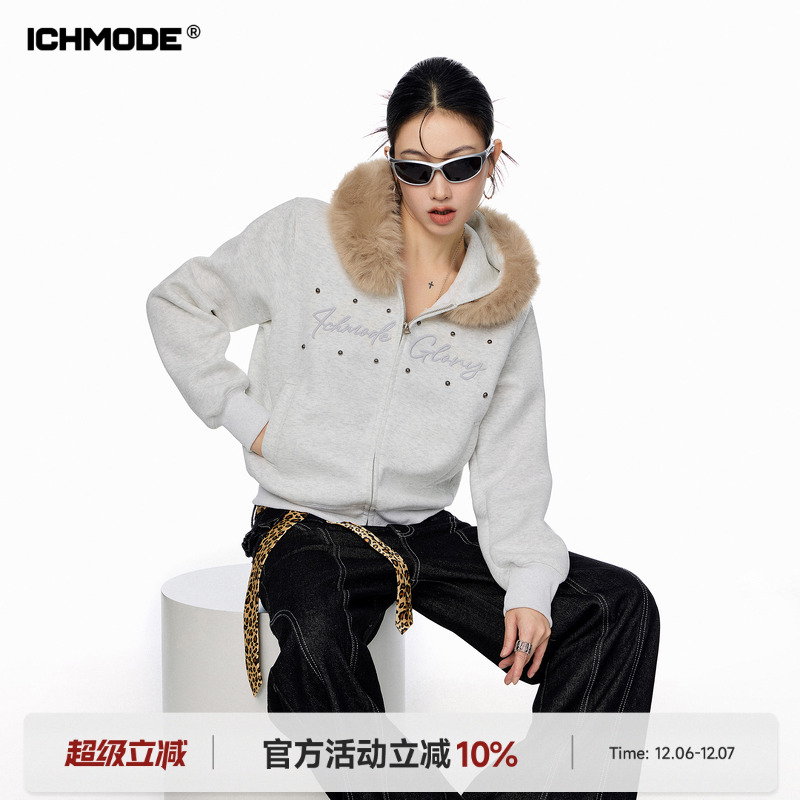 美式毛领连帽短外套女开衫卫衣