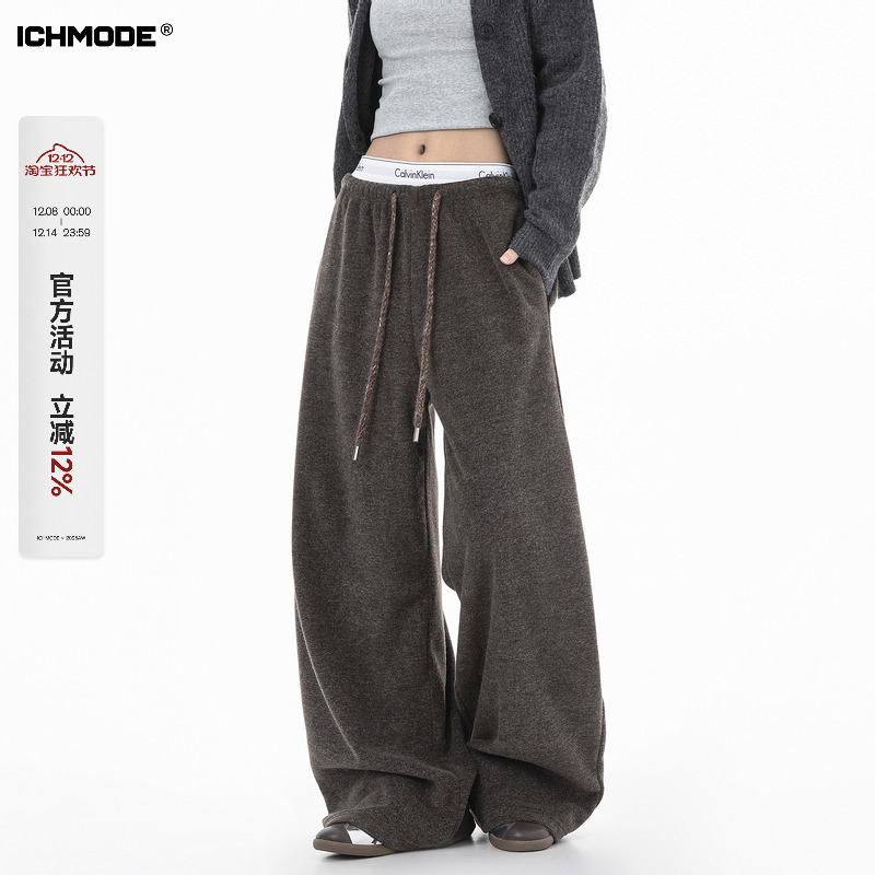 ICH MODE 美式复古加绒裤子休闲裤女加厚卫裤直筒阔腿运动裤卫裤