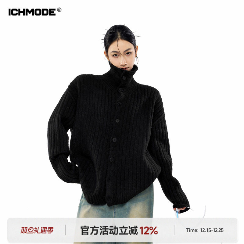 ICH MODE 美式翻领针织衫女冬季松弛感毛衣开衫外套休闲宽松上衣