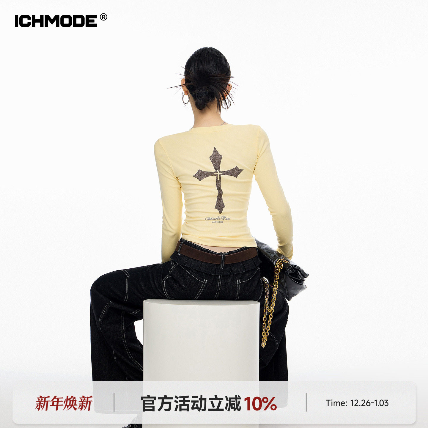 ICH MODE 美式十字架正肩长袖T恤女春季新款修身显瘦一字肩上衣