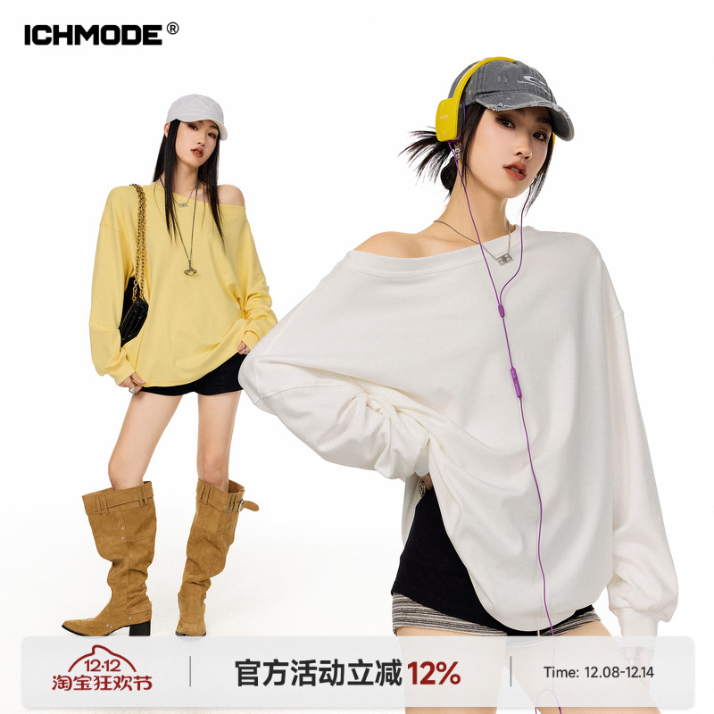 美式斜肩长袖T恤女一字肩上衣