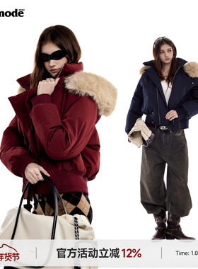 ICH MODE 美式毛领短款红色棉服女冬季加厚保暖棉衣外套防寒棉袄