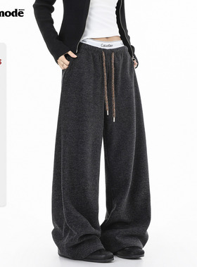 ICHMODE 美式加绒裤子女冬季直筒阔腿休闲裤运动裤加厚卫裤糯米裤