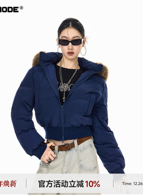 ICH MODE 美式复古大毛领短款棉服女秋冬季连帽开衫棉袄修身外套