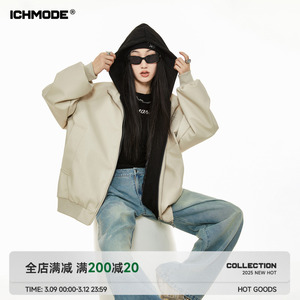 ICH MODE 美式假两件皮衣外套女2025春季新款宽松飞行夹克上衣