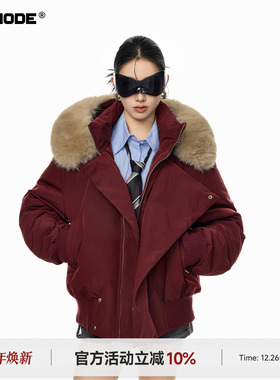 ICH MODE 美式毛领连帽红色棉服女2025新款冬季短款棉袄加厚外套