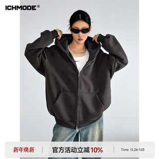 宽松拉链开衫 ICH 新款 复古连帽深灰色卫衣外套女春季 上衣 MODE美式