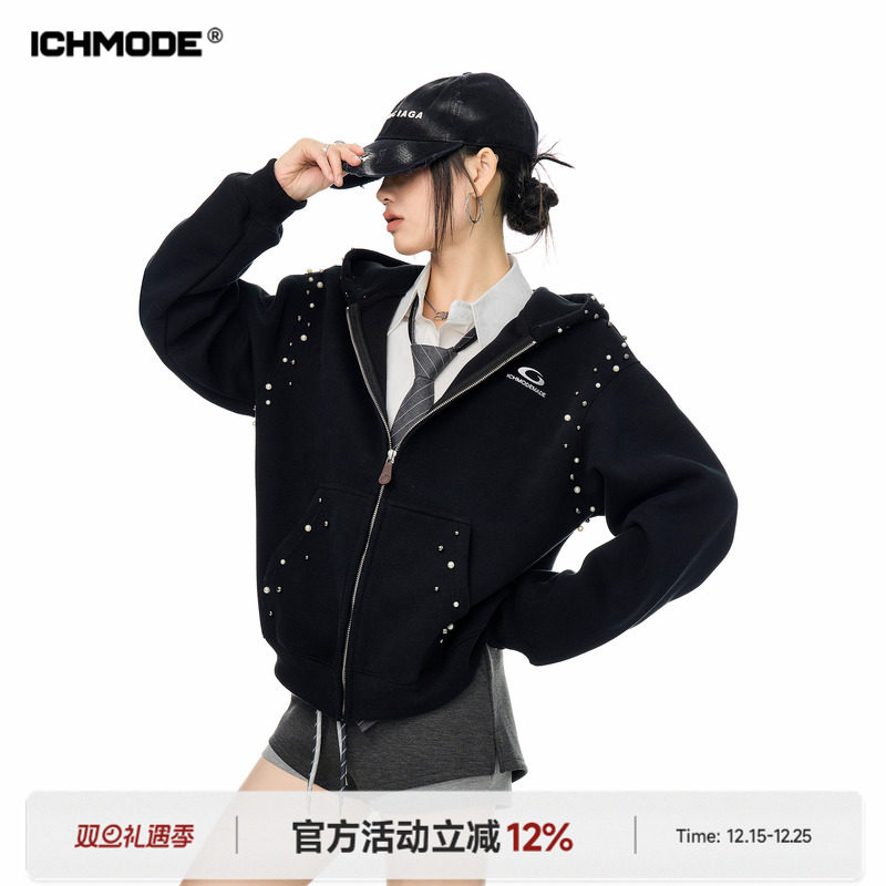 美式珍珠连帽外套宽松开衫上衣