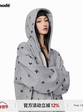 ICHMODE 明星同款哥特风十字满印加绒灰色卫衣外套女春秋开衫上衣
